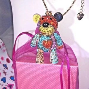 Betsey Johnson Rainbow Teddy Bear Crystal Necklace